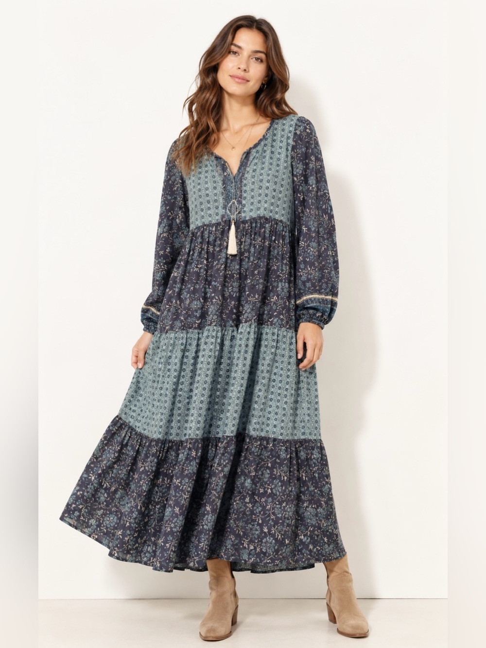 American Eagle Boho Tiered Loose Fit Maxi Dress in Blue & Teal Print Side Pocket